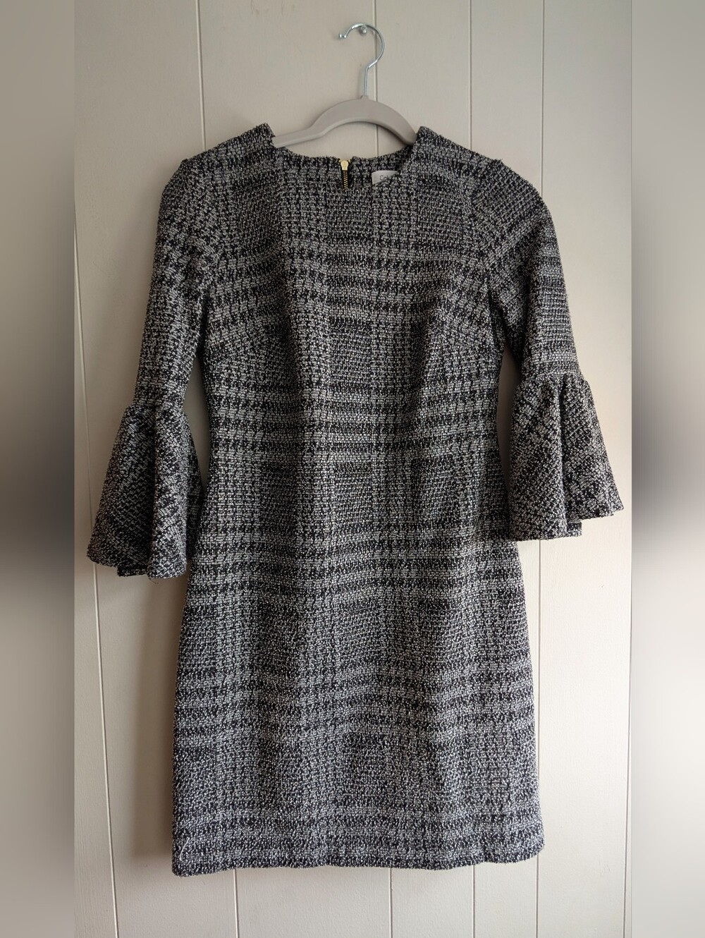 Calvin Klein Black and White Tweed Dress with Bell Sleeves, Sz. 2